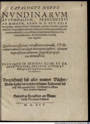 Catalogus novus nundinarum ... Francofurti ad Moen. Prostant apud El. et Geo. Diller