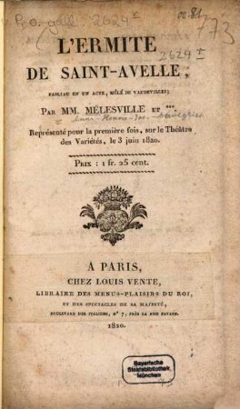 L' ermite de Saint-Avelle : fabliau en un acte, mêlé de vaudevilles
