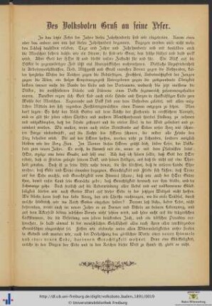 Des Volksboten Gruß an seine Leser.
