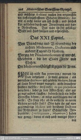 Das XXI. Capitel. Von Verachtung und Verläumdung der rechten Medicorum, Doctorum und anderer Tugend-Liebhabern...