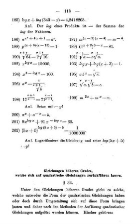 Gleichungen höheren Grades, welche sich auf quadratische Gleichungen zurückführen lassen. § 34 und 35.