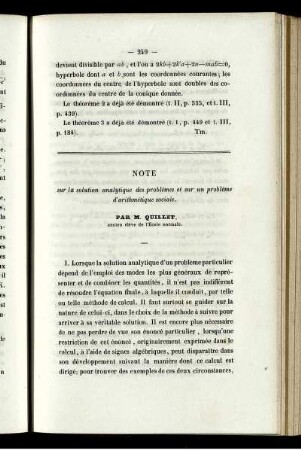 Note sur la solution analytique des problèmes et sur un probléme d´arithmétique sociale.