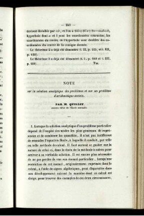 Note sur la solution analytique des problèmes et sur un probléme d´arithmétique sociale.