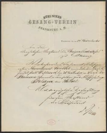 Brief an Mainzer Liedertafel : 24.11.1860