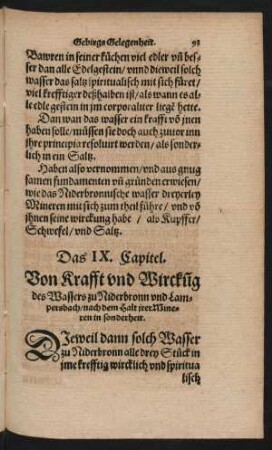 Das IX. Capitel. Von Krafft und Wirckung des Wassers zu Niderbronn und Lampersbach/ nach dem Halt irer Mineren in sonderheit.