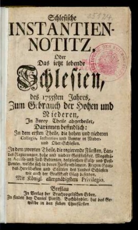 1755: Schlesische Instantien-Notiz, Oder Das ietzt lebende Schlesien