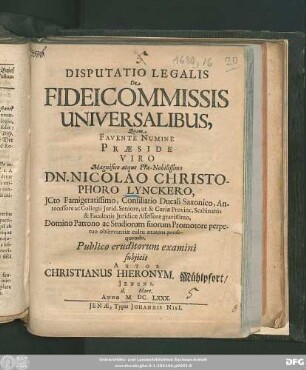 Disputatio Legalis De Fideicommissis Universalibus