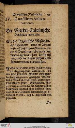 IV. Consilium Aulico - Politicum. Der Vierdte Calvinische Rathschlag lautet also: