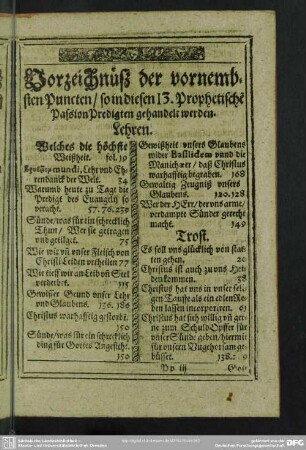 Vorzeichnüß der vornembsten Puncten, so in diesen 13. Prophetischen Passion Predigten gehandelt werden