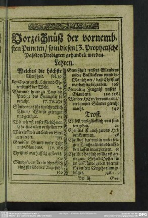 Vorzeichnüß der vornembsten Puncten, so in diesen 13. Prophetischen Passion Predigten gehandelt werden