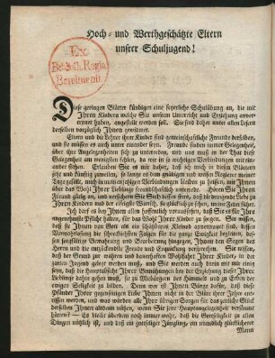 Hoch- und Werthgeschätzte Eltern unsrer Schuljugend!