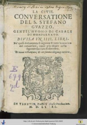 La civil Conversatione del Stefano Guazzo, divisa in 4 libri