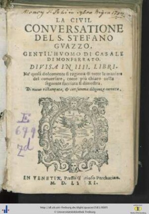 La civil Conversatione del Stefano Guazzo, divisa in 4 libri