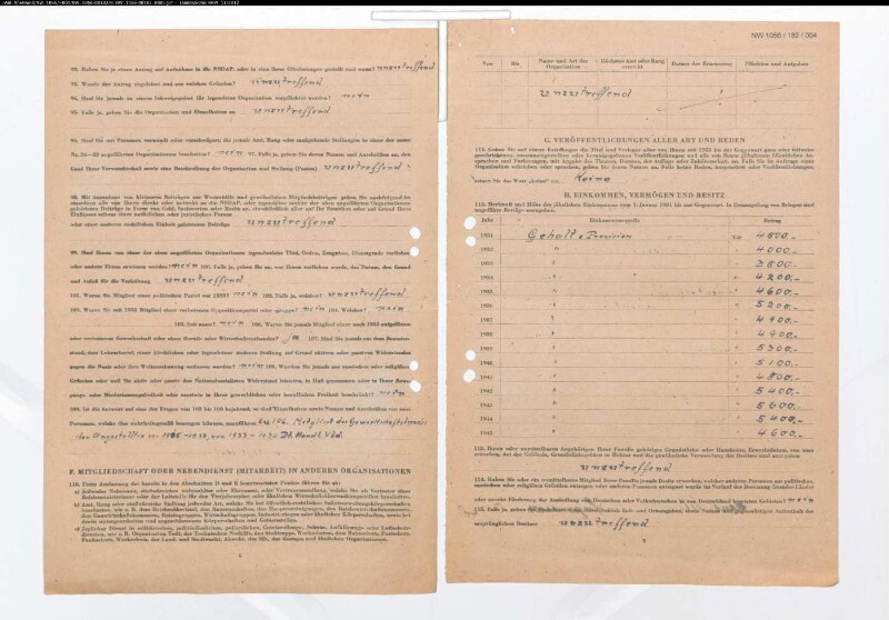 Entnazifizierung Werner Schuetz , geb. 29.06.1896 (Angestellter)