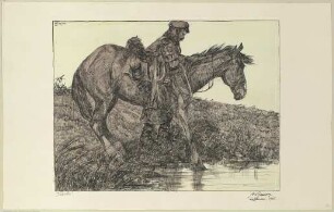 Tränke. Soldat mit Pferd am Wasser