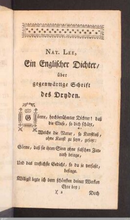 Nat. Lee, Ein Englischer Dichter/ über gegenwärtige Schrift des Dryden.