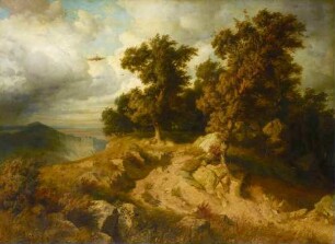 Felsenlandschaft mit Raubvogel. Motiv aus der Serpentara bei Olevano