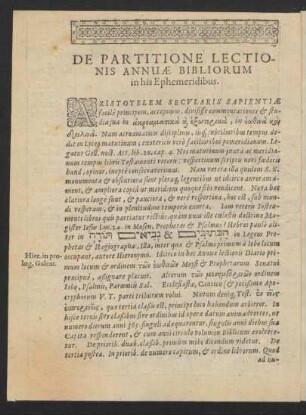 De Partitione Lectionis Annuae Bibliorum in his Ephemeridibus.