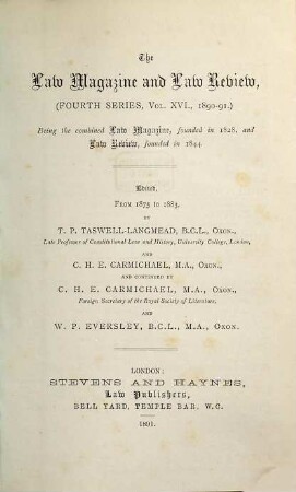 Law magazine and review : a quarterly review of jurisprudence. 16. 1890/91