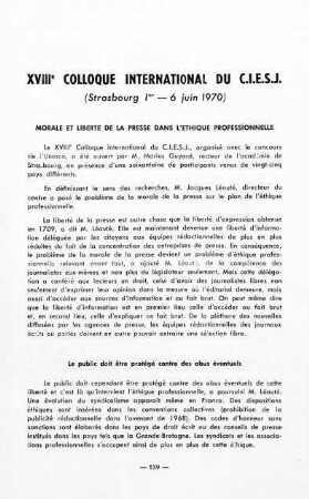 139-143, XVIIIe Colloque international du C.I.E.S.J. (Strasbourg 1. - 6. juin 1970)
