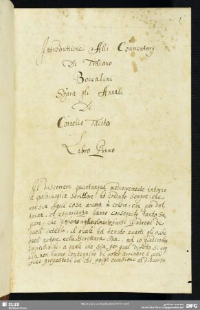Bl. 1-8. Introduttione alli Commentarij di Traiano Boccalini sopra gli Annali di Cornelio Tacito. Libro Primo.