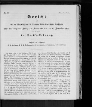 Nr. 35. Bericht des von der Bürgerschaft am 21. November 1860 niedergesetzten Ausschusses über den dringlichen Antrag des Senats (Nr. 97) vom 27. November 1861, in Betreff der Accise-Ordnung. November 1861