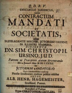 Discursus iur. circa contractum mandati et societatis
