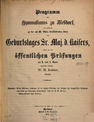 Programm des Königlichen Gymnasiums zu Meldorf : Schuljahr ..., 1872/73