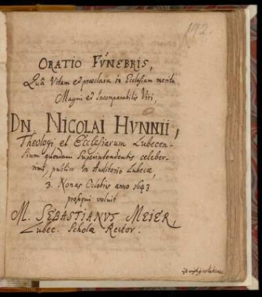 [Sebastian Meier:] Oratio Funebris ... Dn. Nicolai Hunnii