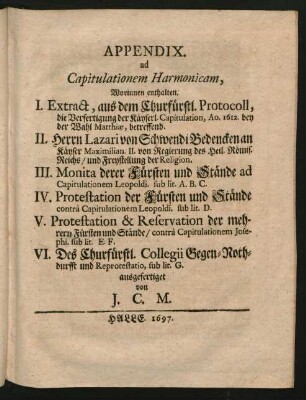 Appendix ad Capitulationem Harmonicam, Worinnen enthalten