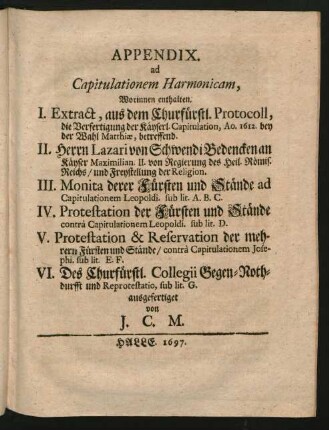 Appendix ad Capitulationem Harmonicam, Worinnen enthalten
