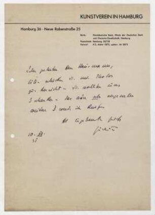 Brief von Kunstverein in Hamburg an Raoul Hausmann. Hamburg