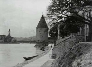 Passau. Schaiblingsturm. Ansicht über die Innpromenade nach Südwesten gegen die Innstadt und die Ludwigsbrücke