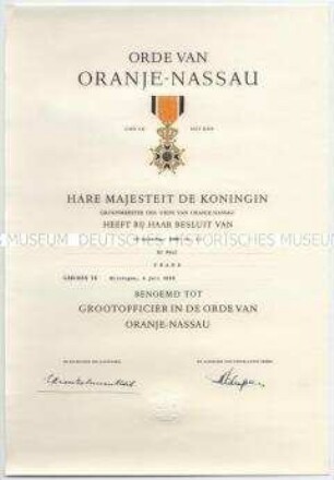 Verleihungsurkunde zum Orden von Oranien-Nassau (Großoffizierskreuz), mit Rolle