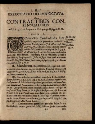 Exercitatio Decima Octava. De Contractibus Consensualibus. Thesis I. - LI.