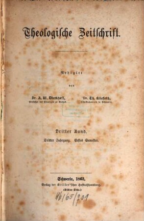 Theologische Zeitschrift. 3. 1862, Semester 1 = Jg. 3