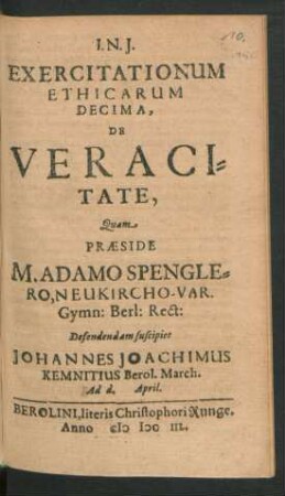 10: De Veracitate : Ventilatae In Eodem Gymnasio Anno MDCXLVIII.