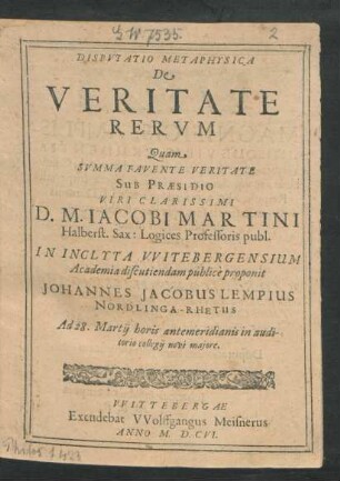 Disputatio Metaphysica De Veritate Rerum