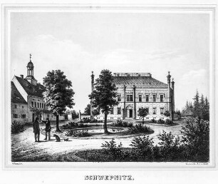 Schwepnitz, Buchdruck; 254 x 362 mm (Blattgröße). Aus: Poenicke, G. A., Heise, F. : Album der Rittergüter und Schlösser im Königreich Sachsen, III. Section, Markgrafenthum Oberlausitz. Leipzig: Expedition des Albums Sächsischer Rittergüter und Schlösser, ca. 1859. Dresden: SLUB Hist.Sax.H.3.m-3