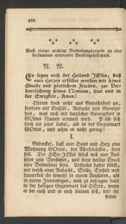 Noch einige wichtige Verhaltungsregeln an eine beisammen wohnende Brudergesellschaft.