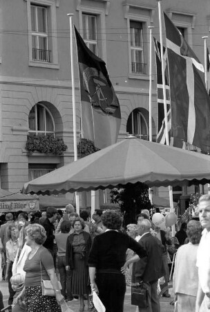 Fahnenschmuck auf dem Karlsruher Marktplatz anlässlich der 33. Deutschen Therapiewoche mit Heilmittelmesse