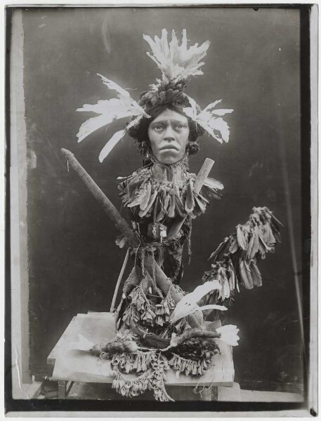 Exhibition mannequin decorated with objects from a Chamacoco shaman