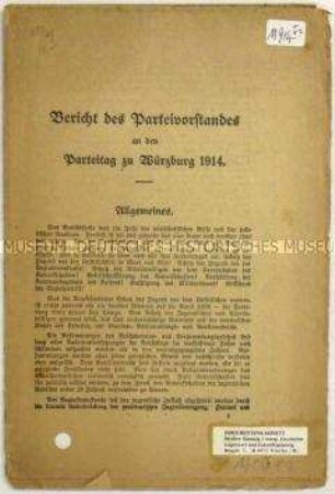Sonderdruck mit dem Bericht des SPD Parteivorstandes an den Parteitag in Würzburg 1914