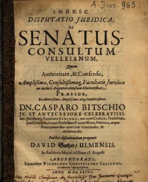 Disputatio Iuridica Ad Senatus Consultum Velleianum