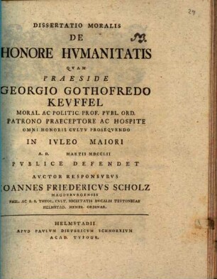Dissertatio Moralis De Honore Hvmanitatis