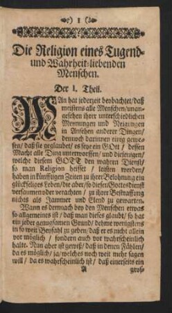 Die Religion eines Tugend- und Wahrheit-liebenden Menschen. Der I. Theil.