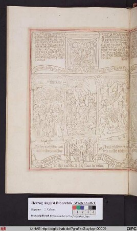 Drei biblische Szenen umgeben von vier Propheten. Mittig: Taufe Christi. Links: Die Durchquerung des Meeres. Rechts: Die Kundschafter mit der großen Traube.