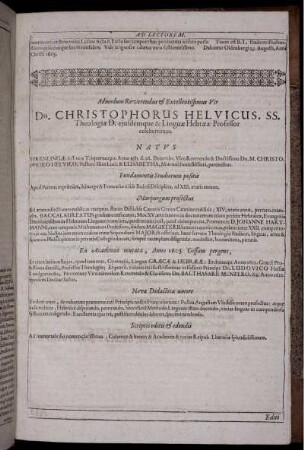 Admodum Reverendus & Excellentissimus Vir Dn. Christophorus Helvicus. SS. Theologiae D. eiusdemque & Linguae Hebraeae Professor celeberrimus