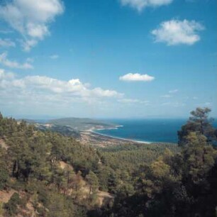 Pappádes, Nord-Euböa. Apollonfichten-Gebirgswald bei Pappádes. Blick gegen Kap Artemision, Trikkeri und Skiathos. Ott.9