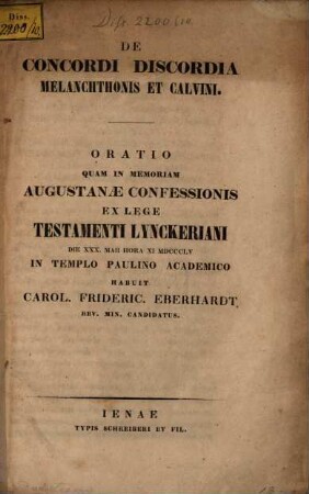 De čončordi diščordia Melanćtithoniš et Calvini : Oratio